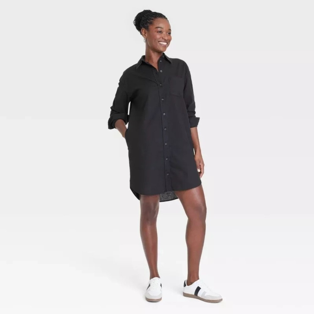 Universal Thread Shirt Dress S Black Cotton Linen Button Down Pocket Lagenlook